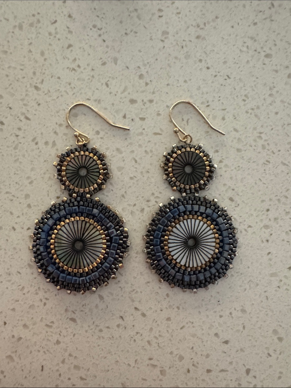 Blue and Gold Beaded Drop Earrings